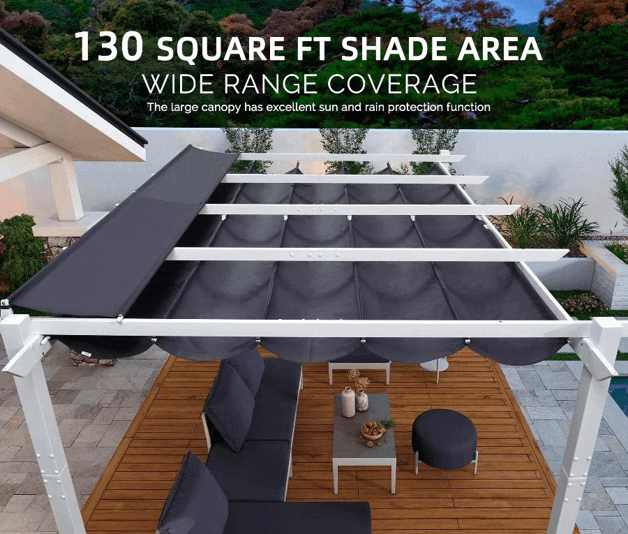 PURPLE LEAF Outdoor Retractable Pergola with Double Sun Shade Canopy White Heavy-Duty Aluminum Pergola Patio Modern Pergola With Curtains