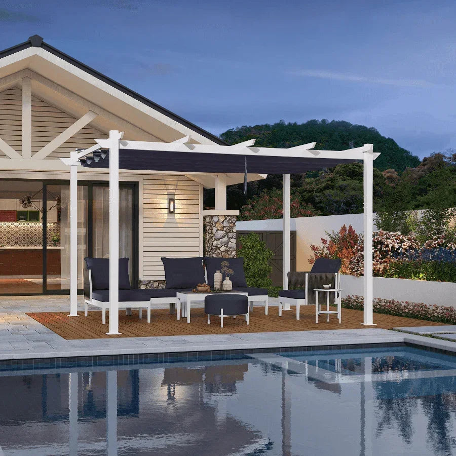 PURPLE LEAF Outdoor Retractable Pergola with Double Sun Shade Canopy White Heavy-Duty Aluminum Pergola Patio Modern Pergola With Curtains
