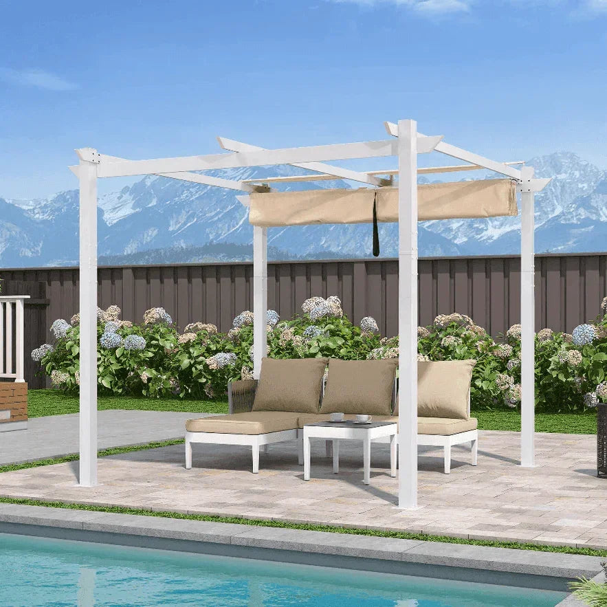 PURPLE LEAF Outdoor Retractable Pergola with Double Sun Shade Canopy White Heavy-Duty Aluminum Pergola Patio Modern Pergola With Curtains