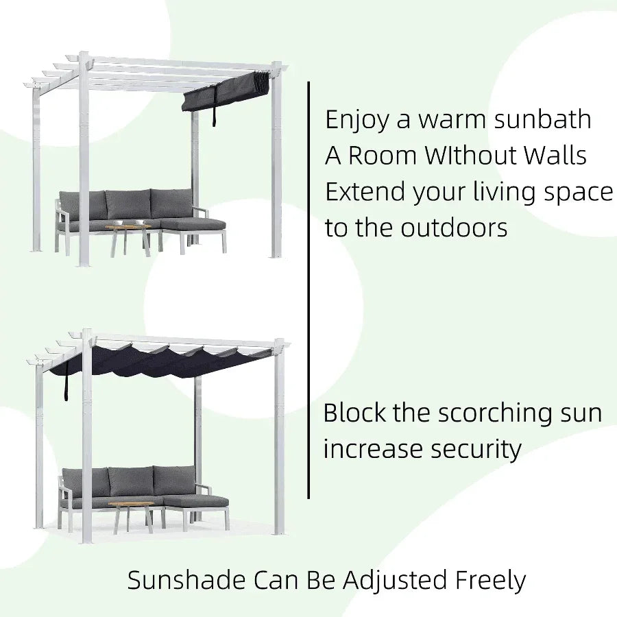 PURPLE LEAF Outdoor Retractable Pergola with Sun Shade Canopy Cover White Patio Metal Shelter for Garden With Curtains