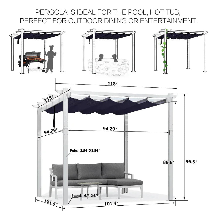 PURPLE LEAF Outdoor Retractable Pergola with Sun Shade Canopy Cover White Patio Metal Shelter for Garden With Curtains
