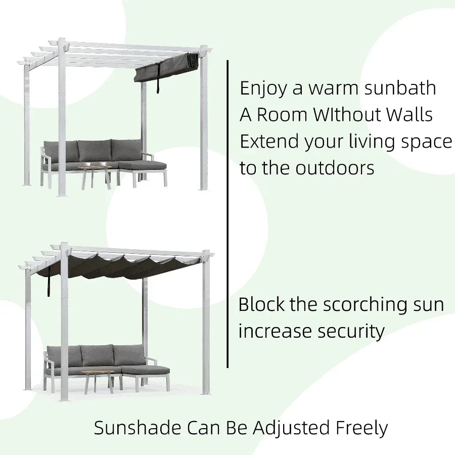 PURPLE LEAF Outdoor Retractable Pergola with Sun Shade Canopy Cover White Patio Metal Shelter for Garden With Curtains