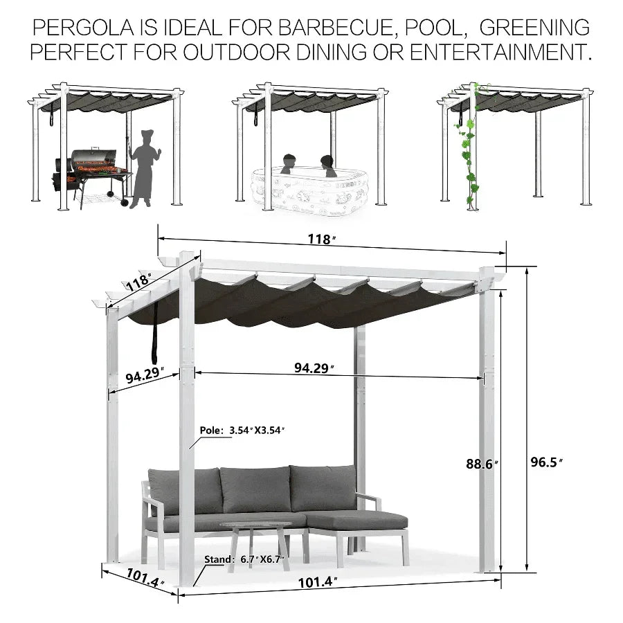 PURPLE LEAF Outdoor Retractable Pergola with Sun Shade Canopy Cover White Patio Metal Shelter for Garden With Curtains