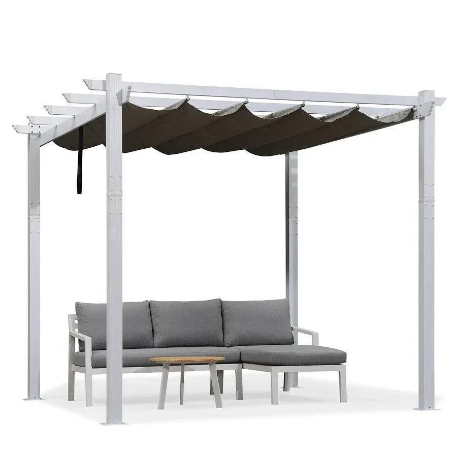 PURPLE LEAF Outdoor Retractable Pergola with Sun Shade Canopy Cover White Patio Metal Shelter for Garden With Curtains