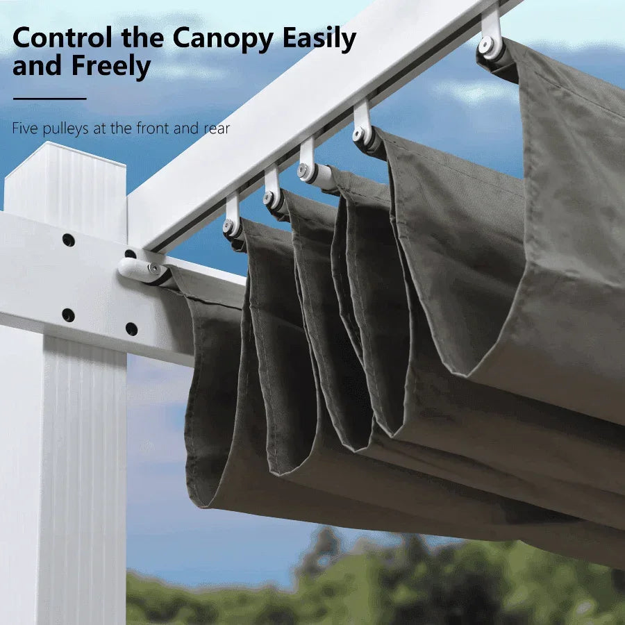 PURPLE LEAF Outdoor Retractable Pergola with Sun Shade Canopy Cover White Patio Metal Shelter for Garden With Curtains