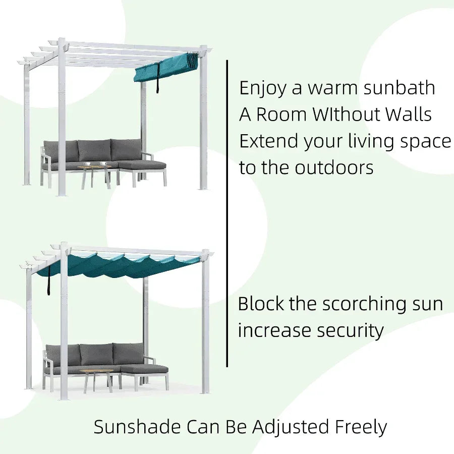 PURPLE LEAF Outdoor Retractable Pergola with Sun Shade Canopy Cover White Patio Metal Shelter for Garden With Curtains