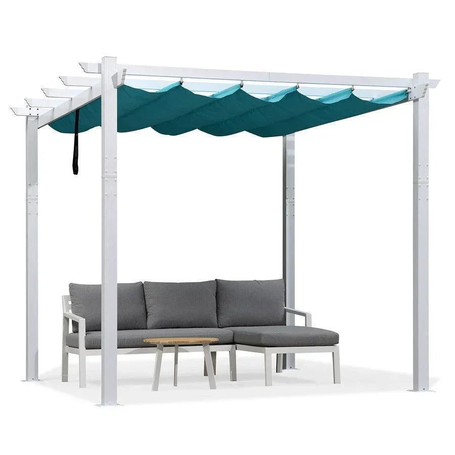 PURPLE LEAF Outdoor Retractable Pergola with Sun Shade Canopy Cover White Patio Metal Shelter for Garden With Curtains