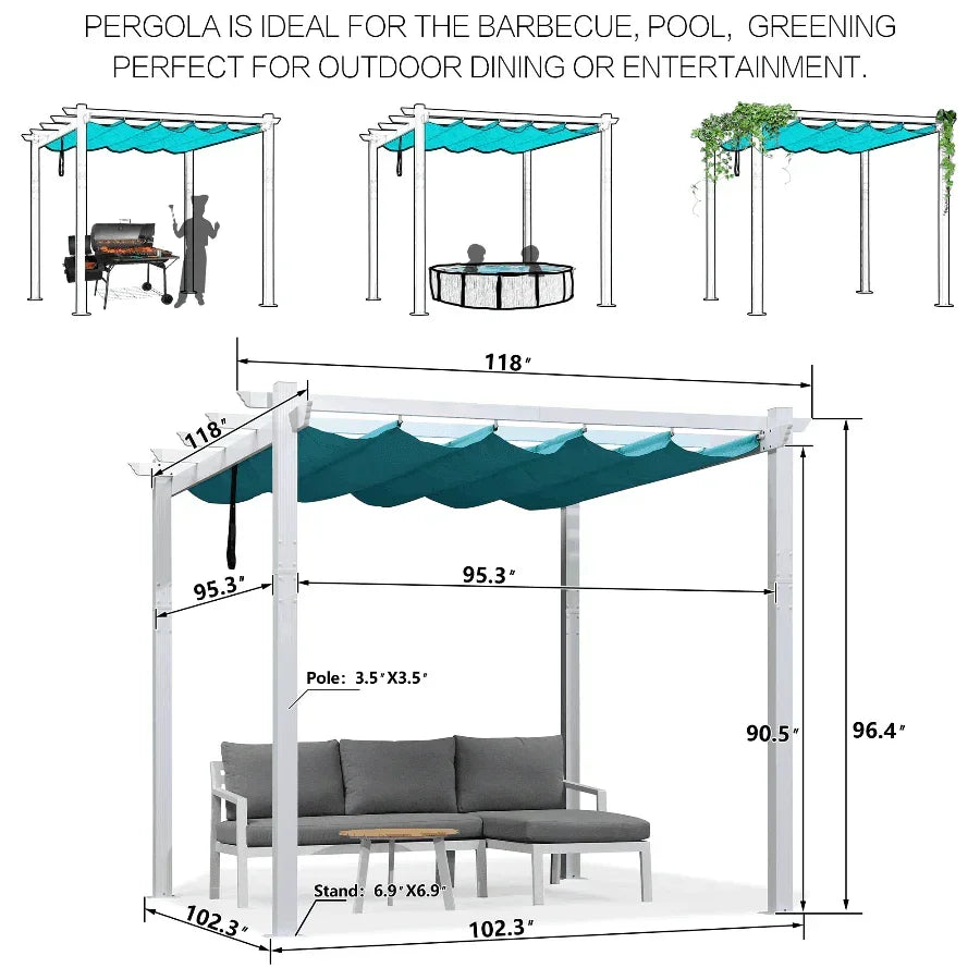 PURPLE LEAF Outdoor Retractable Pergola with Sun Shade Canopy Cover White Patio Metal Shelter for Garden With Curtains