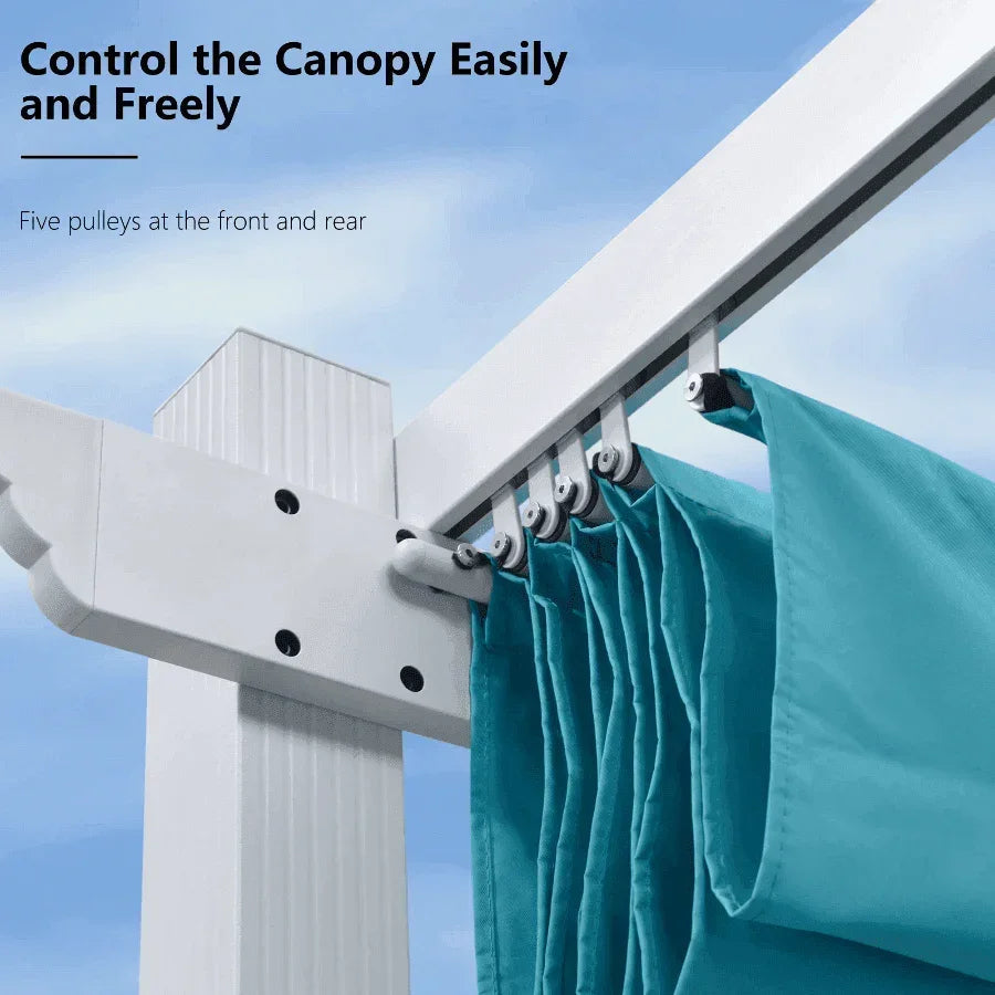 PURPLE LEAF Outdoor Retractable Pergola with Sun Shade Canopy Cover White Patio Metal Shelter for Garden With Curtains