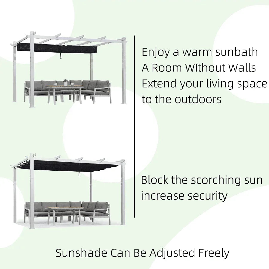 PURPLE LEAF Outdoor Retractable Pergola with Sun Shade Canopy Cover White Patio Metal Shelter for Garden With Curtains