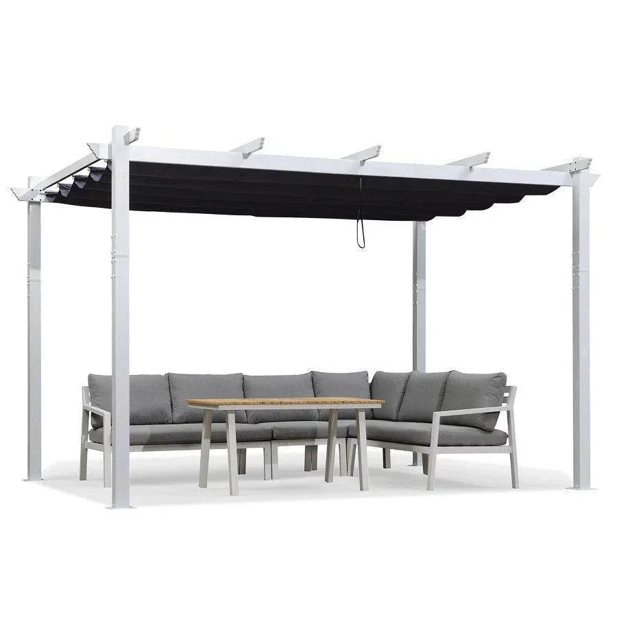 PURPLE LEAF Outdoor Retractable Pergola with Sun Shade Canopy Cover White Patio Metal Shelter for Garden With Curtains