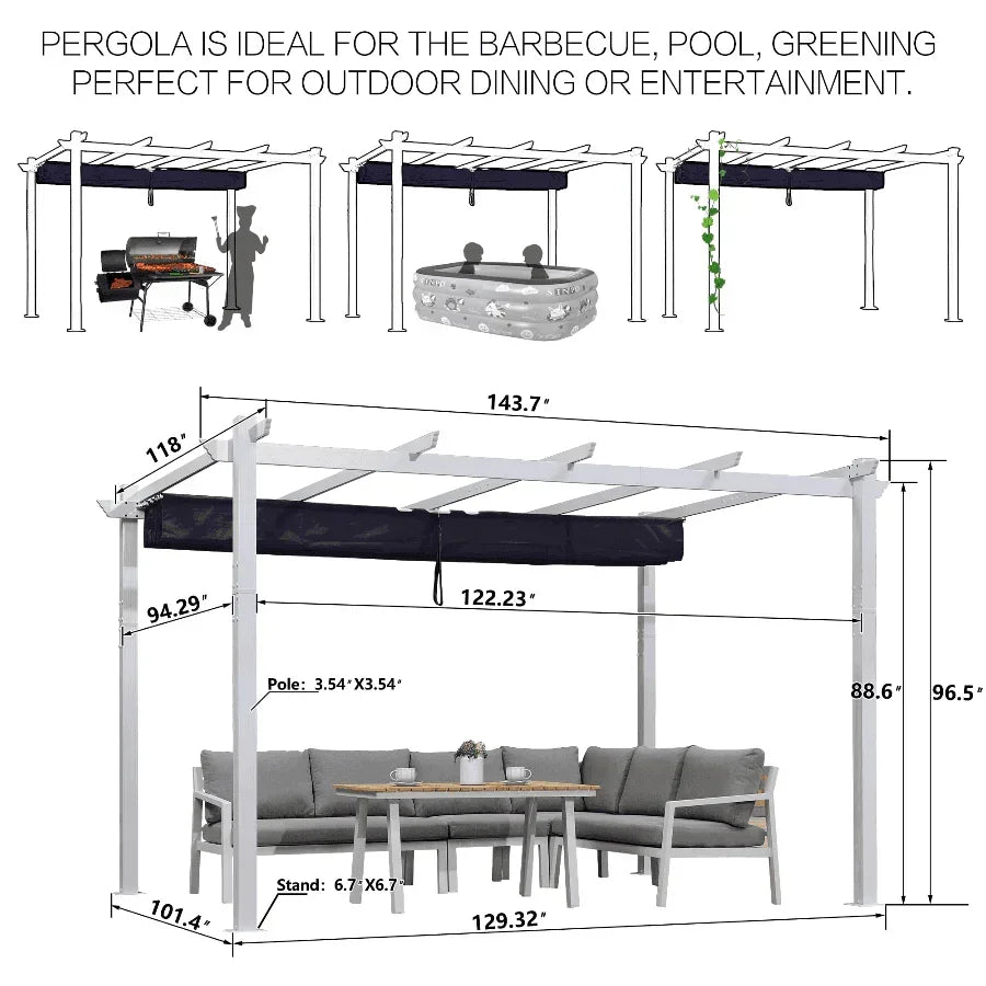 PURPLE LEAF Outdoor Retractable Pergola with Sun Shade Canopy Cover White Patio Metal Shelter for Garden With Curtains