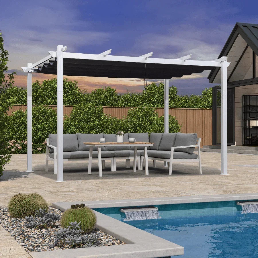 PURPLE LEAF Outdoor Retractable Pergola with Sun Shade Canopy Cover White Patio Metal Shelter for Garden With Curtains