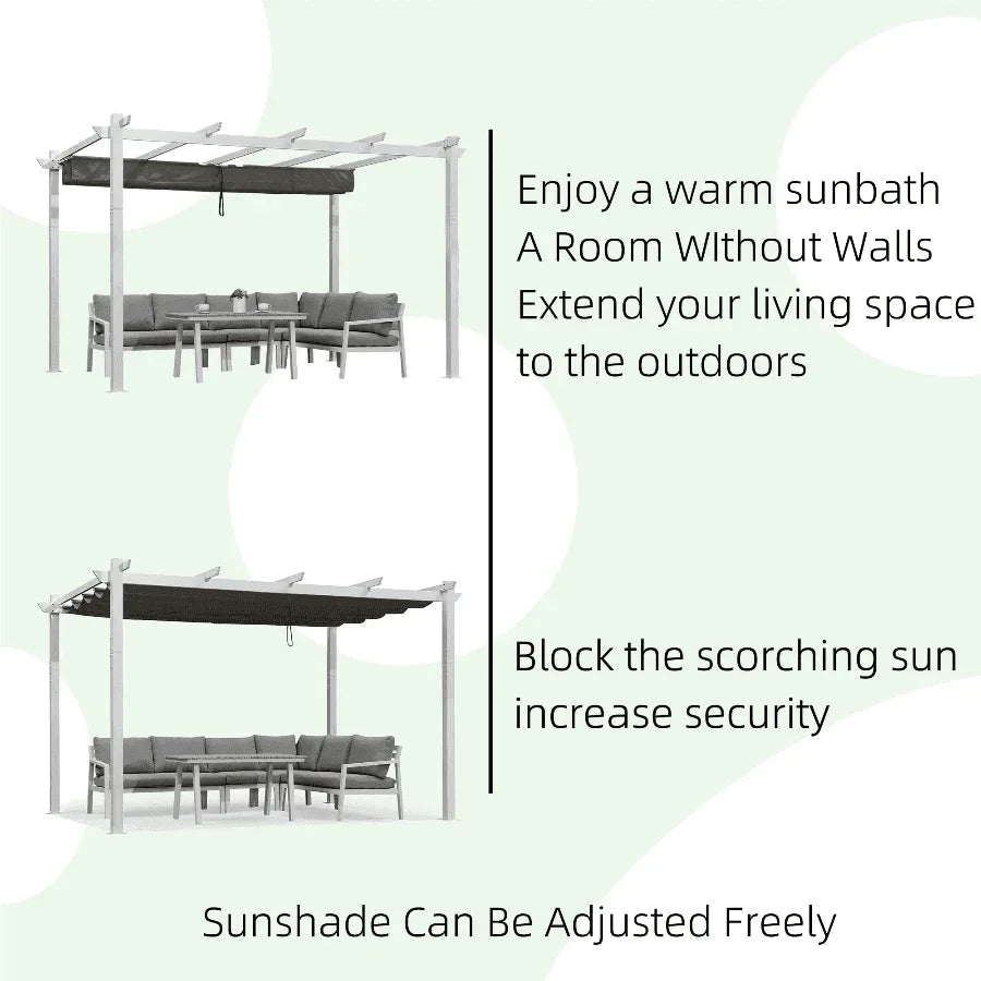PURPLE LEAF Outdoor Retractable Pergola with Sun Shade Canopy Cover White Patio Metal Shelter for Garden With Curtains