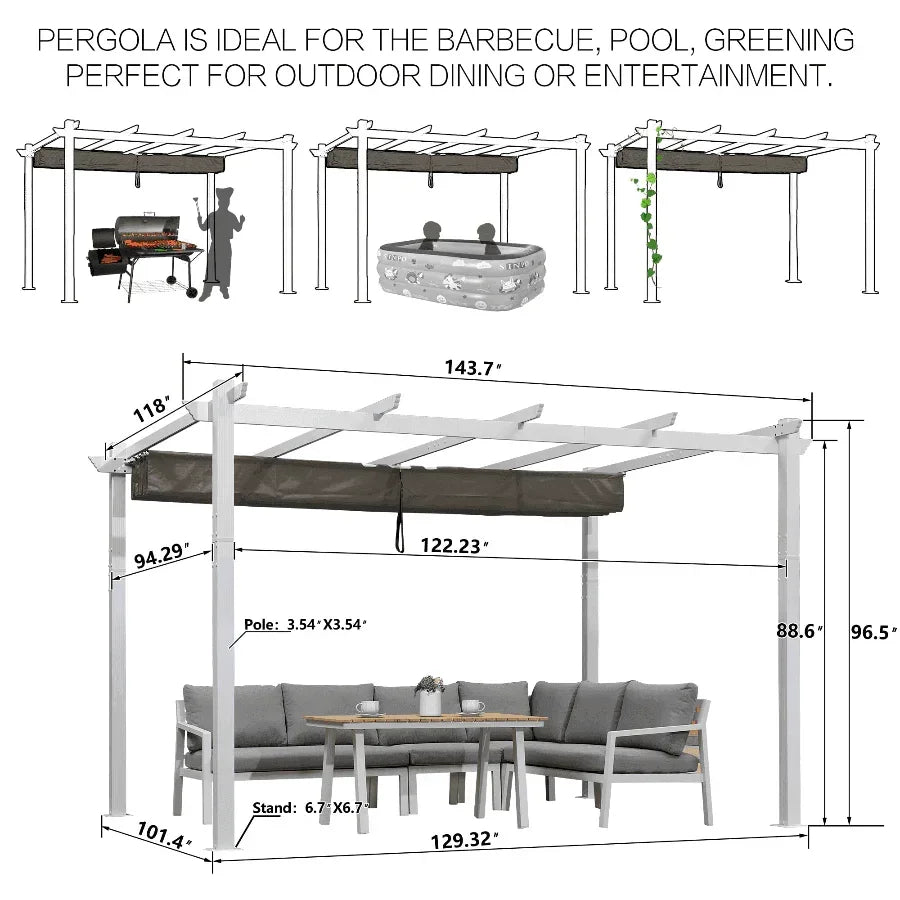 PURPLE LEAF Outdoor Retractable Pergola with Sun Shade Canopy Cover White Patio Metal Shelter for Garden With Curtains