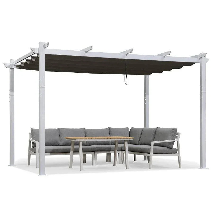 PURPLE LEAF Outdoor Retractable Pergola with Sun Shade Canopy Cover White Patio Metal Shelter for Garden With Curtains