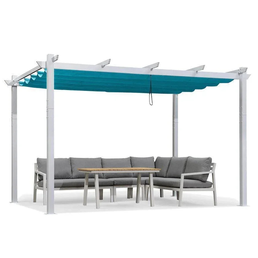 PURPLE LEAF Outdoor Retractable Pergola with Sun Shade Canopy Cover White Patio Metal Shelter for Garden With Curtains