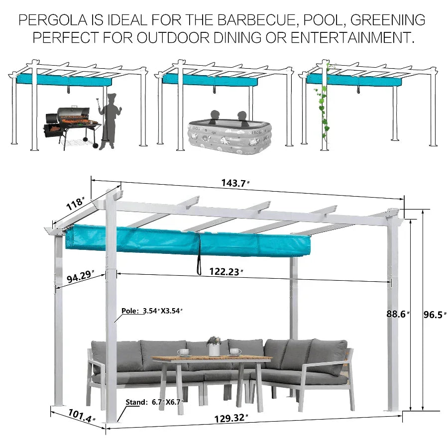 PURPLE LEAF Outdoor Retractable Pergola with Sun Shade Canopy Cover White Patio Metal Shelter for Garden With Curtains