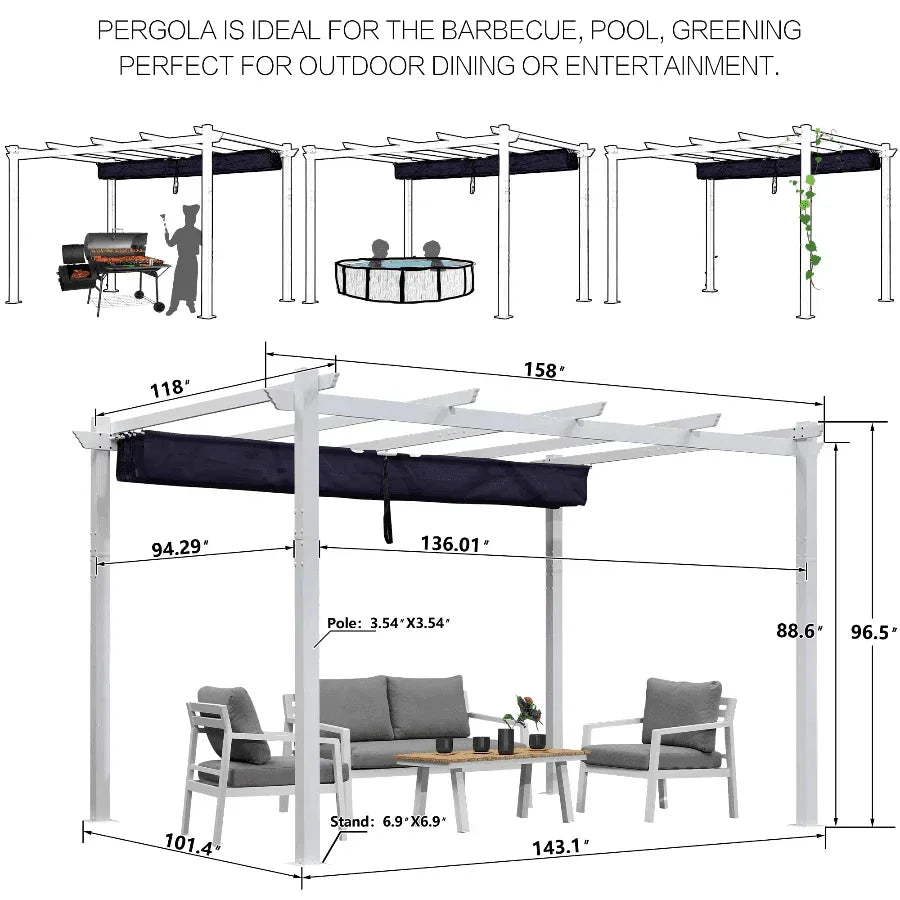 PURPLE LEAF Outdoor Retractable Pergola with Sun Shade Canopy Cover White Patio Metal Shelter for Garden With Curtains