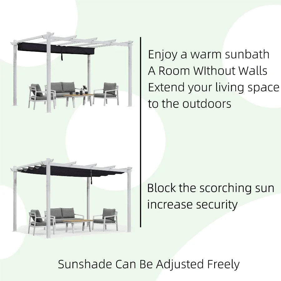 PURPLE LEAF Outdoor Retractable Pergola with Sun Shade Canopy Cover White Patio Metal Shelter for Garden With Curtains