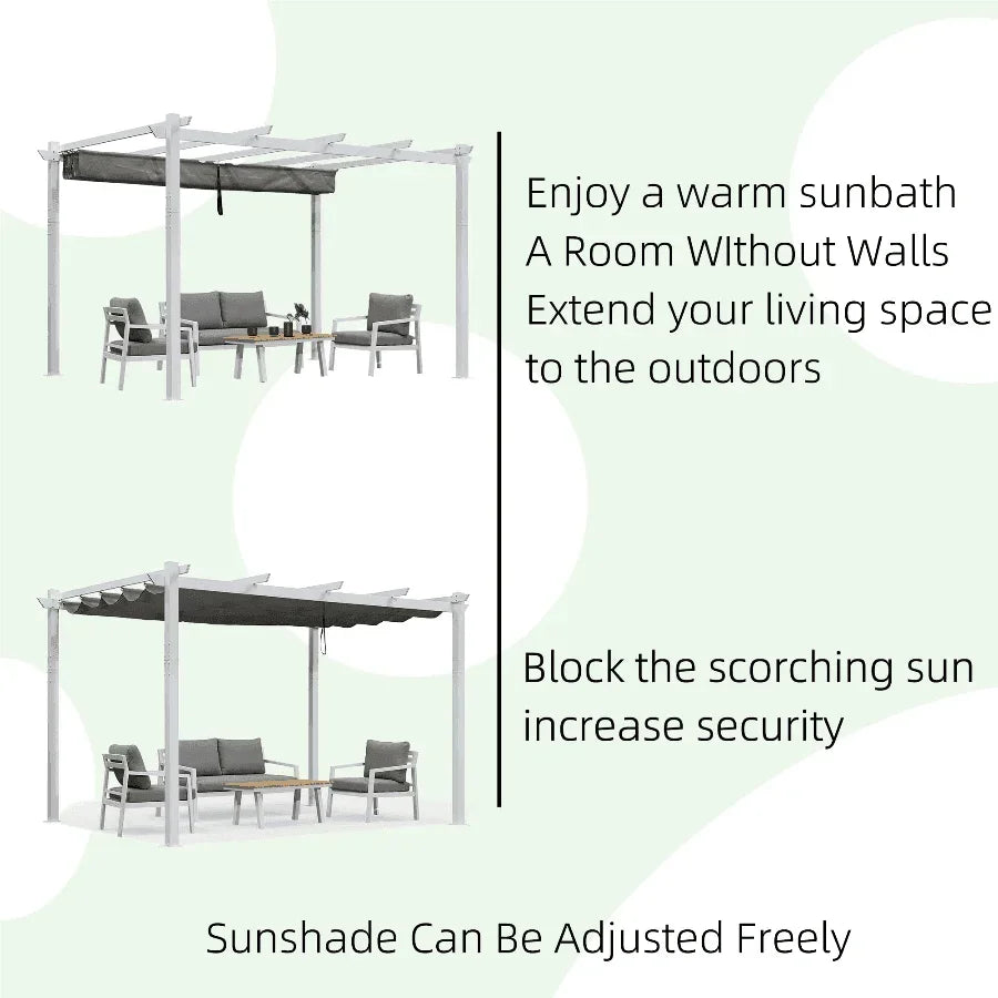 PURPLE LEAF Outdoor Retractable Pergola with Sun Shade Canopy Cover White Patio Metal Shelter for Garden With Curtains
