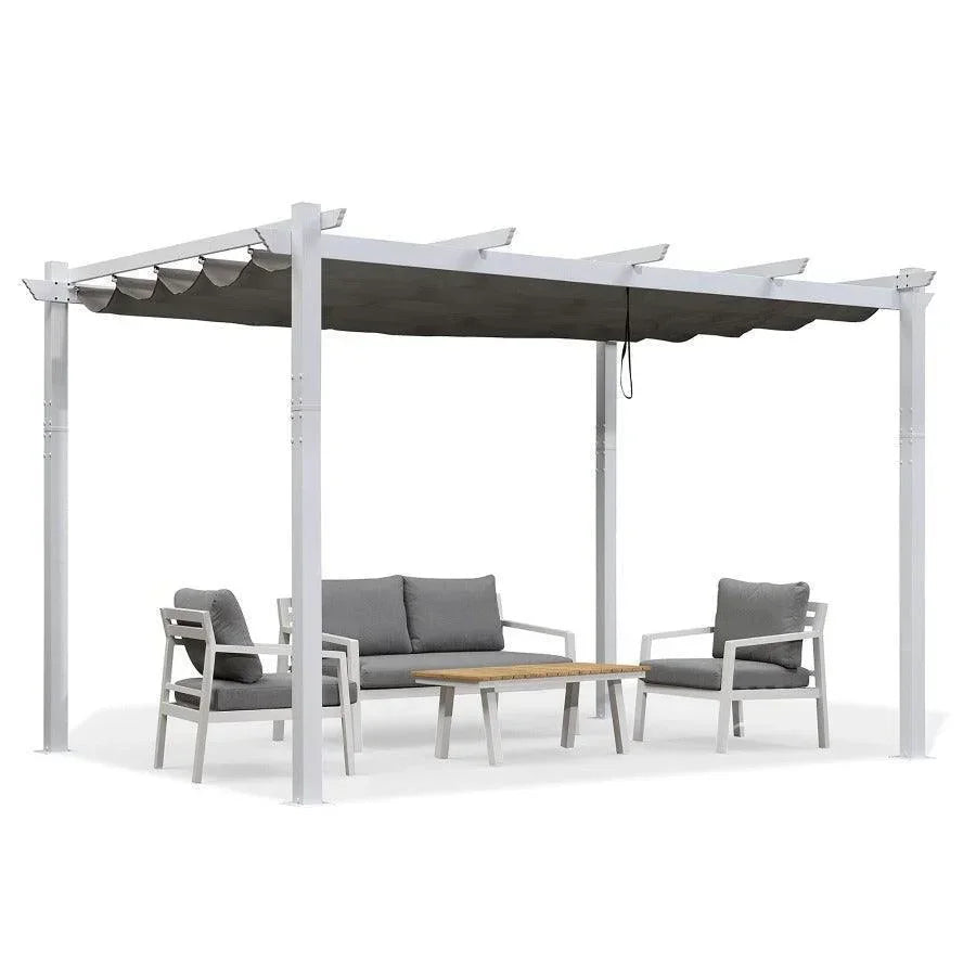 PURPLE LEAF Outdoor Retractable Pergola with Sun Shade Canopy Cover White Patio Metal Shelter for Garden With Curtains