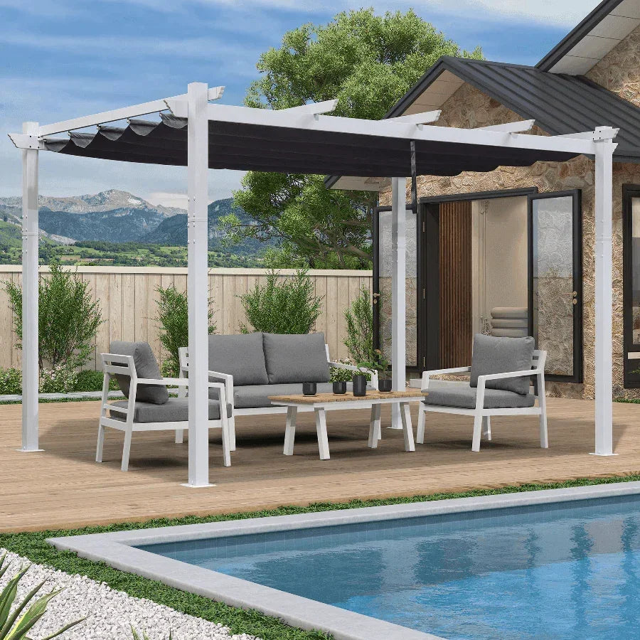 PURPLE LEAF Outdoor Retractable Pergola with Sun Shade Canopy Cover White Patio Metal Shelter for Garden With Curtains