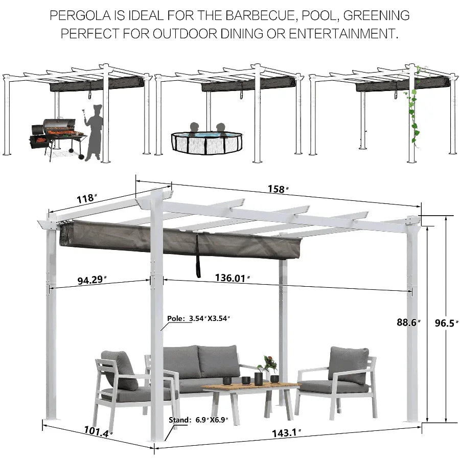 PURPLE LEAF Outdoor Retractable Pergola with Sun Shade Canopy Cover White Patio Metal Shelter for Garden With Curtains