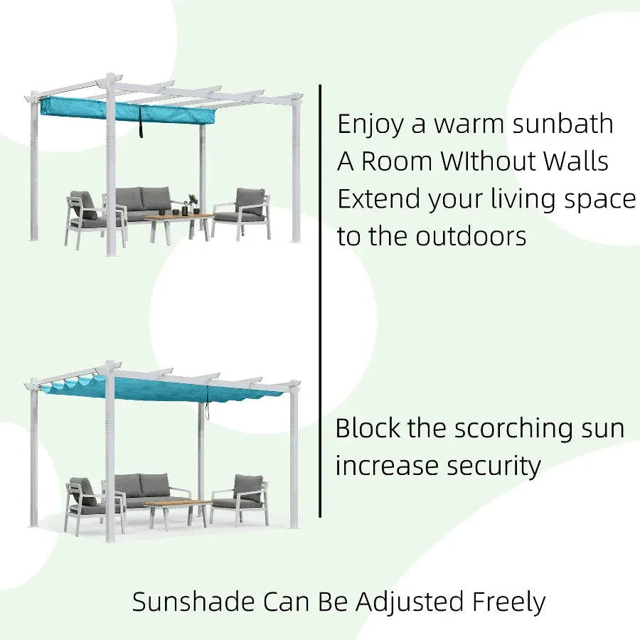 PURPLE LEAF Outdoor Retractable Pergola with Sun Shade Canopy Cover White Patio Metal Shelter for Garden With Curtains