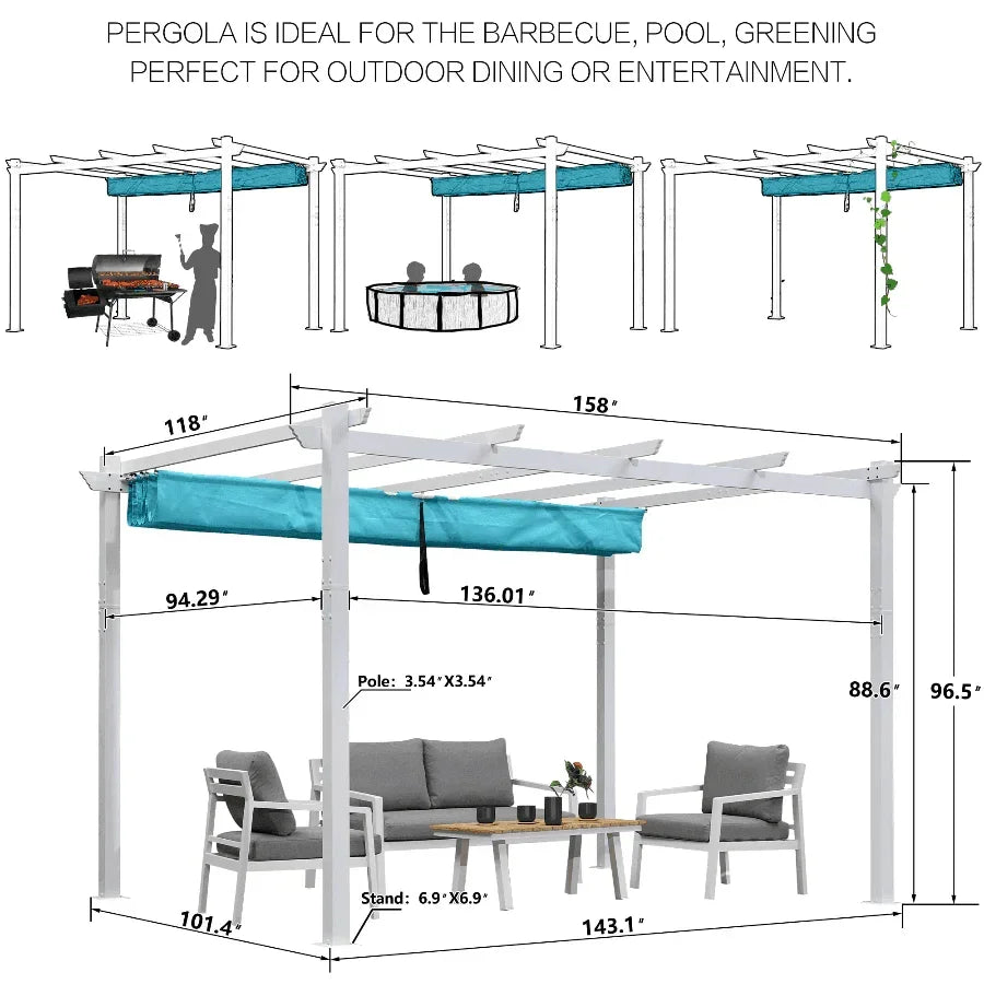 PURPLE LEAF Outdoor Retractable Pergola with Sun Shade Canopy Cover White Patio Metal Shelter for Garden With Curtains