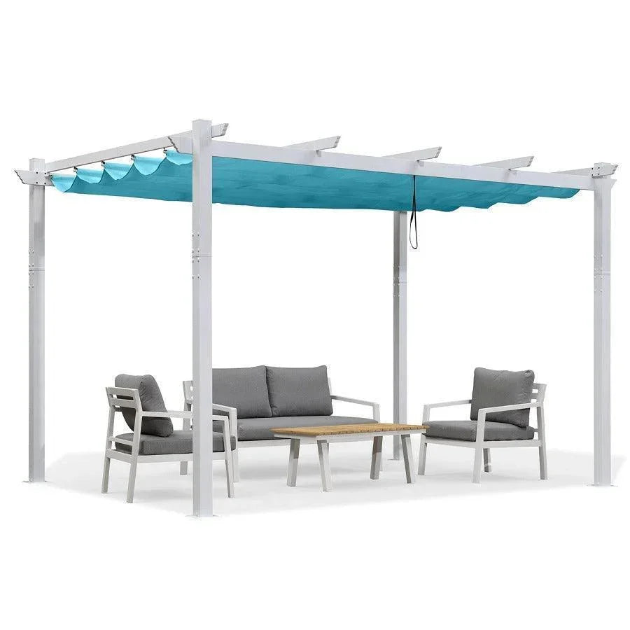 PURPLE LEAF Outdoor Retractable Pergola with Sun Shade Canopy Cover White Patio Metal Shelter for Garden With Curtains