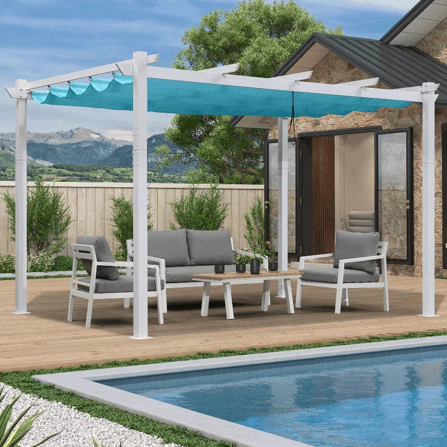 PURPLE LEAF Outdoor Retractable Pergola with Sun Shade Canopy Cover White Patio Metal Shelter for Garden With Curtains