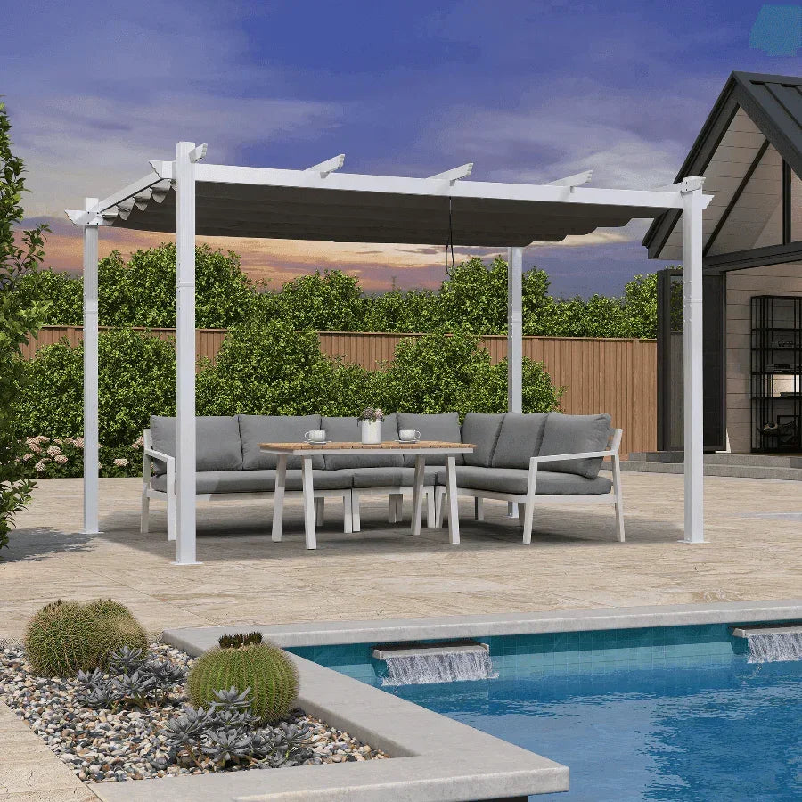 PURPLE LEAF Outdoor Retractable Pergola with Sun Shade Canopy Cover White Patio Metal Shelter for Garden With Curtains