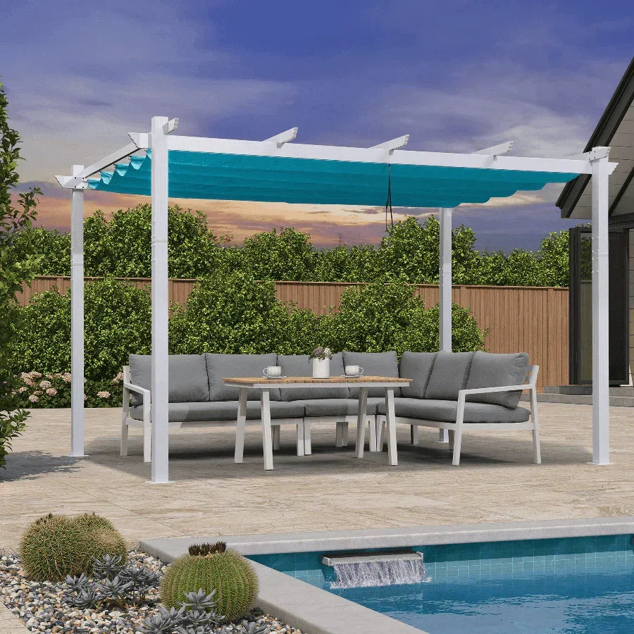 PURPLE LEAF Outdoor Retractable Pergola with Sun Shade Canopy Cover White Patio Metal Shelter for Garden With Curtains