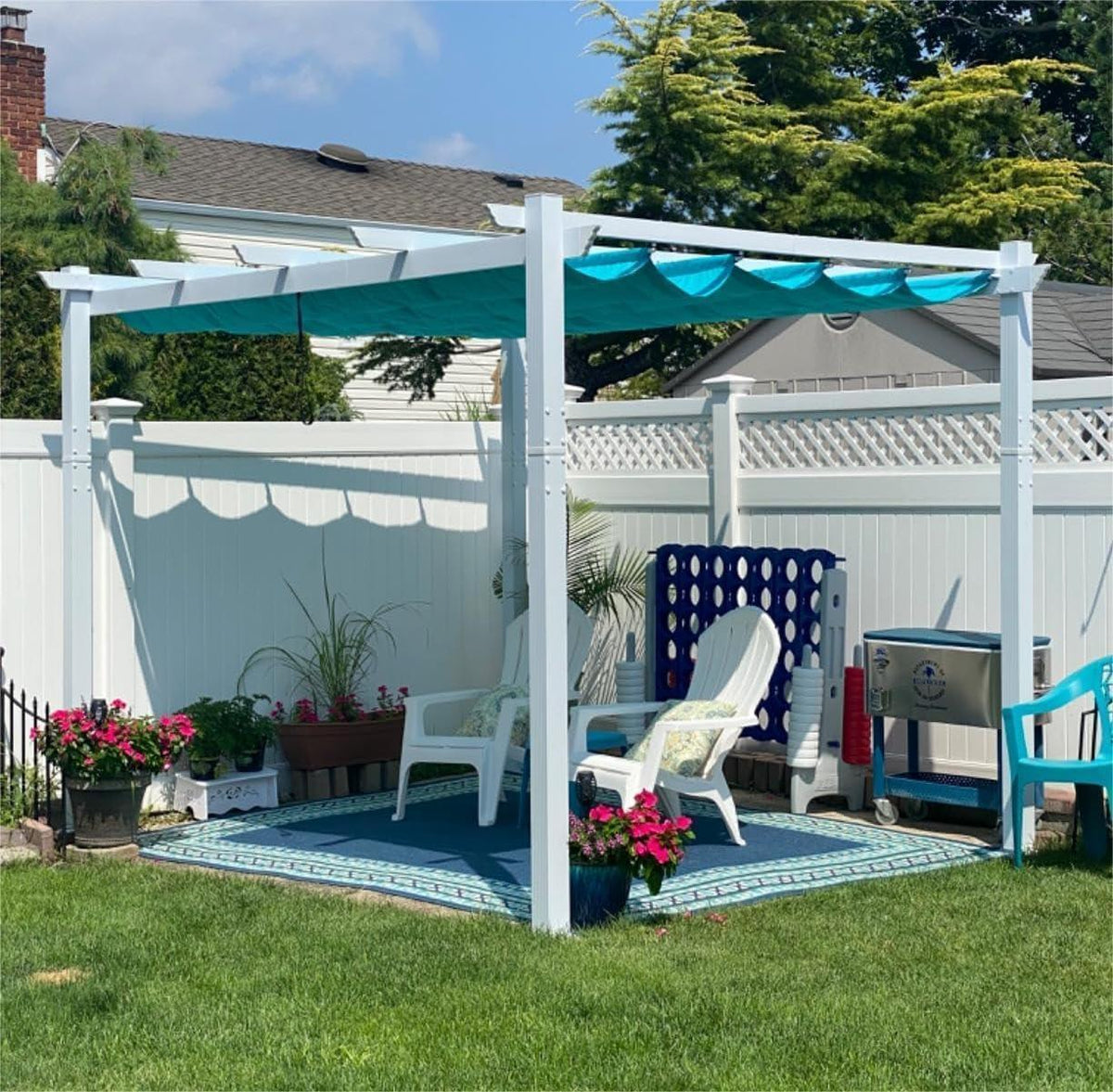 PURPLE LEAF Outdoor Retractable Pergola with Sun Shade Canopy Cover White Patio Metal Shelter for Garden With Curtains