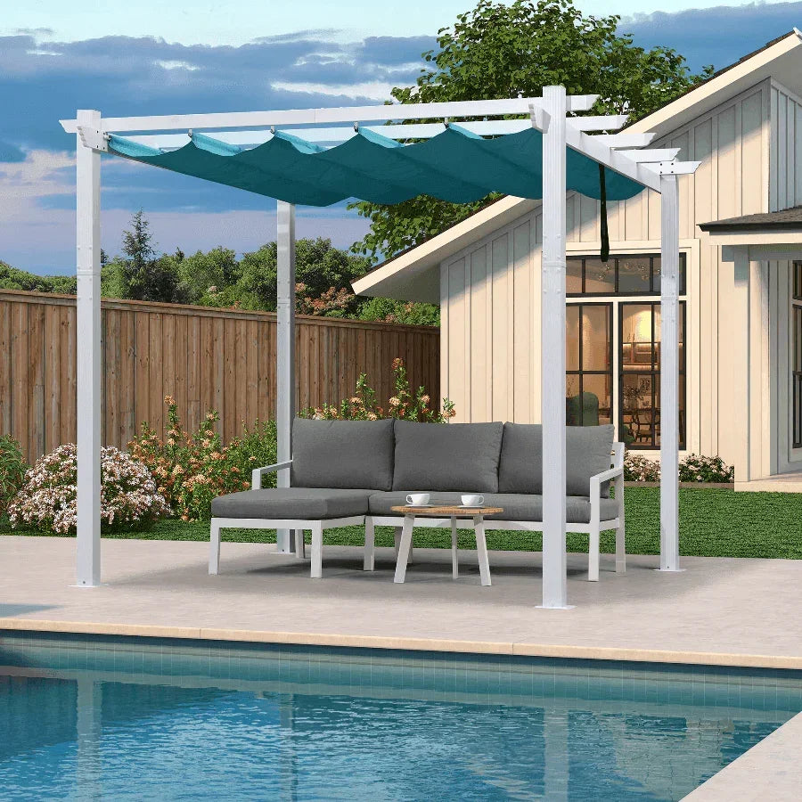 PURPLE LEAF Outdoor Retractable Pergola with Sun Shade Canopy Cover White Patio Metal Shelter for Garden With Curtains
