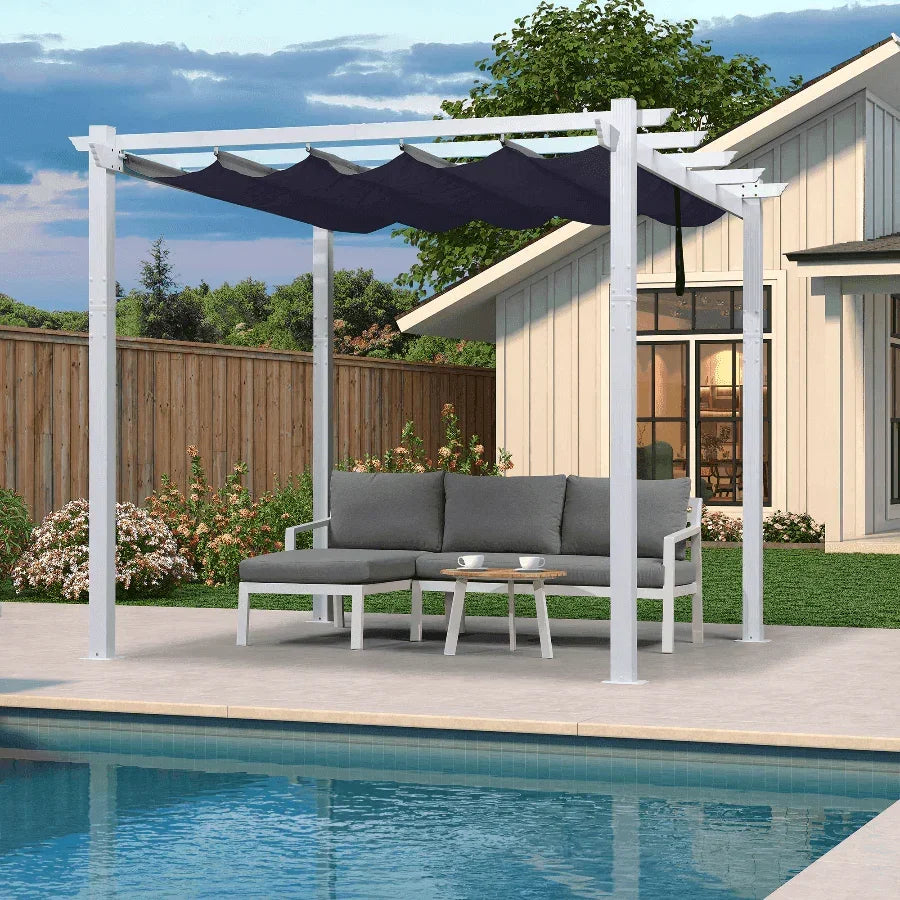 PURPLE LEAF Outdoor Retractable Pergola with Sun Shade Canopy Cover White Patio Metal Shelter for Garden With Curtains