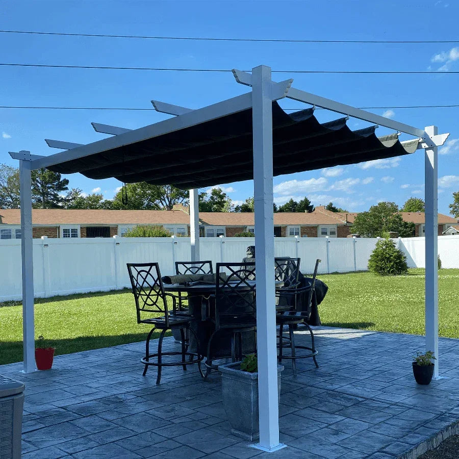 PURPLE LEAF Outdoor Retractable Pergola with Sun Shade Canopy Cover White Patio Metal Shelter for Garden With Curtains