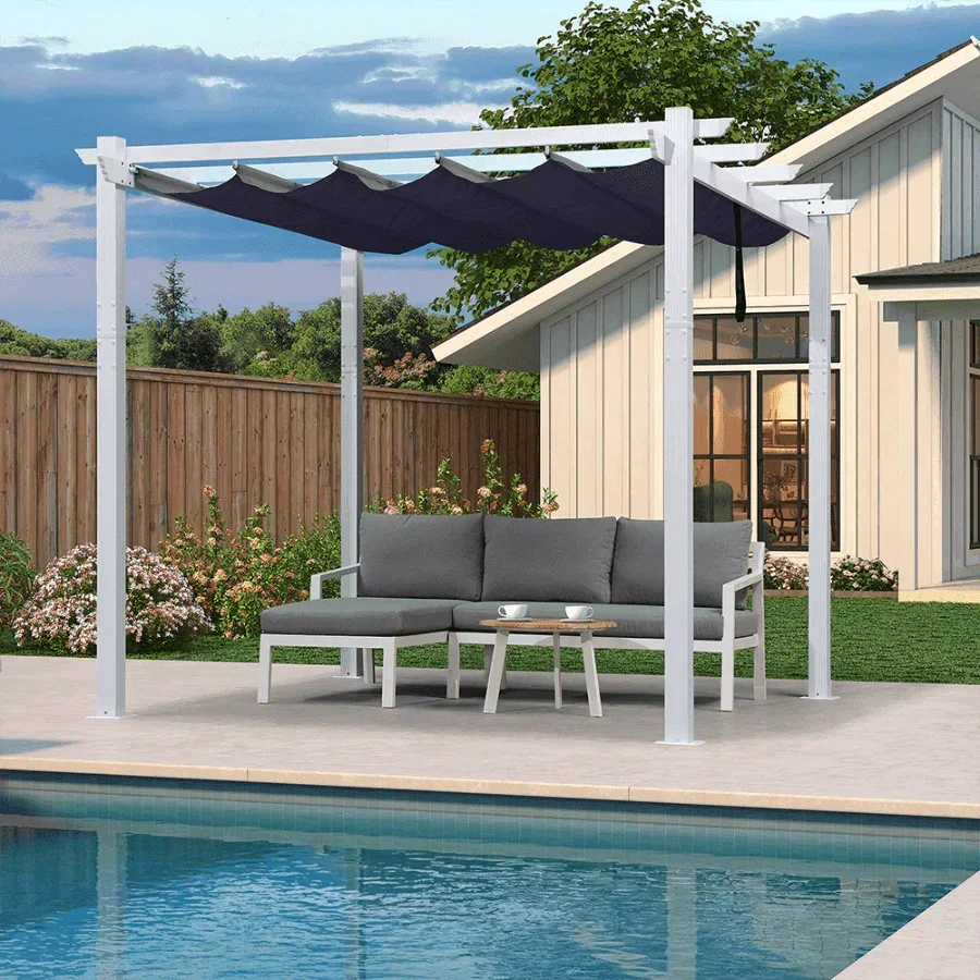 PURPLE LEAF Outdoor Retractable Pergola with Sun Shade Canopy Cover White Patio Metal Shelter for Garden With Curtains