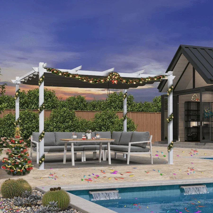 PURPLE LEAF Outdoor Retractable Pergola with Sun Shade Canopy Cover White Patio Metal Shelter for Garden With Curtains