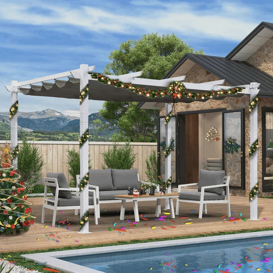 PURPLE LEAF Outdoor Retractable Pergola with Sun Shade Canopy Cover White Patio Metal Shelter for Garden With Curtains