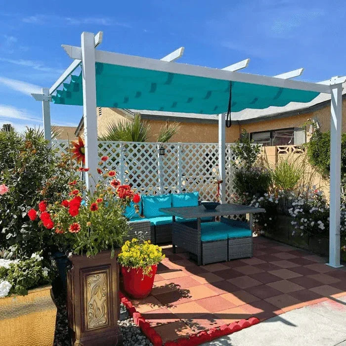 PURPLE LEAF Outdoor Retractable Pergola with Sun Shade Canopy Cover White Patio Metal Shelter for Garden With Curtains