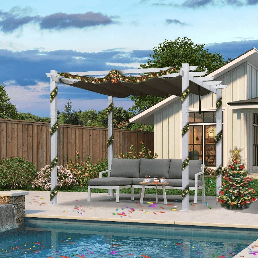 PURPLE LEAF Outdoor Retractable Pergola with Sun Shade Canopy Cover White Patio Metal Shelter for Garden With Curtains