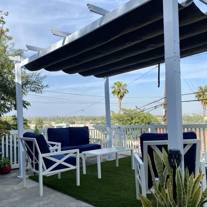 PURPLE LEAF Outdoor Retractable Pergola with Sun Shade Canopy Cover White Patio Metal Shelter for Garden With Curtains