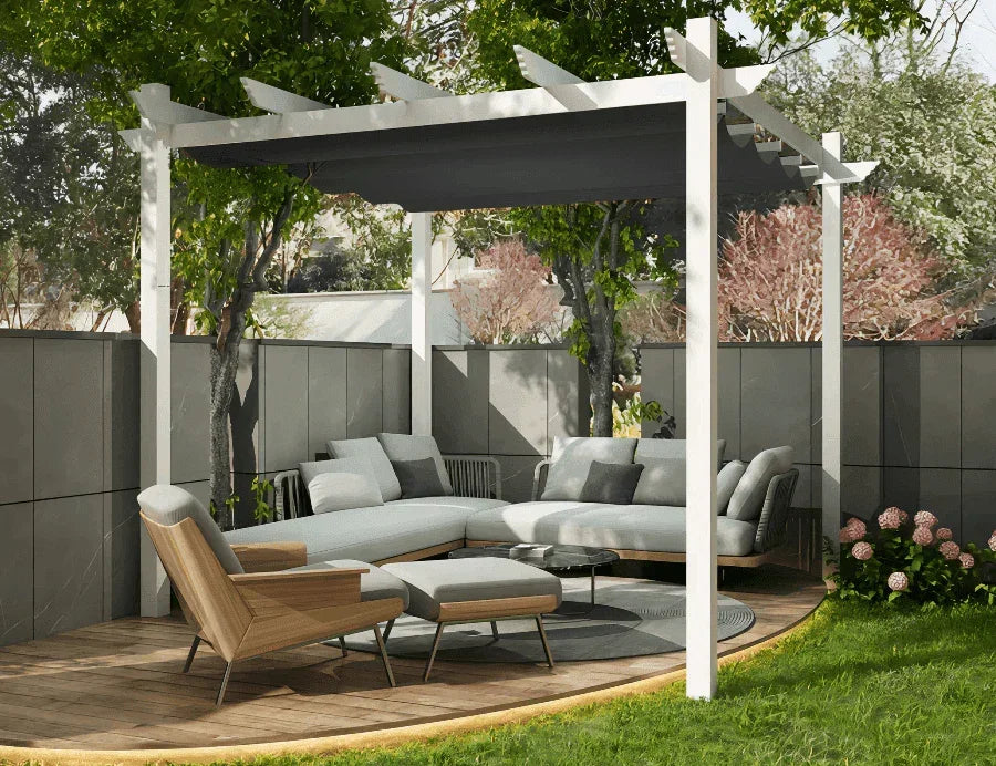 PURPLE LEAF Outdoor Retractable Pergola with Sun Shade Canopy Cover White Patio Metal Shelter for Garden With Curtains