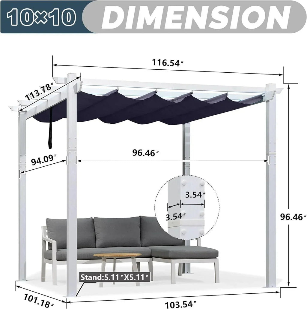 PURPLE LEAF Outdoor Retractable Pergola with Sun Shade Canopy Cover White Patio Metal Shelter for Garden With Curtains