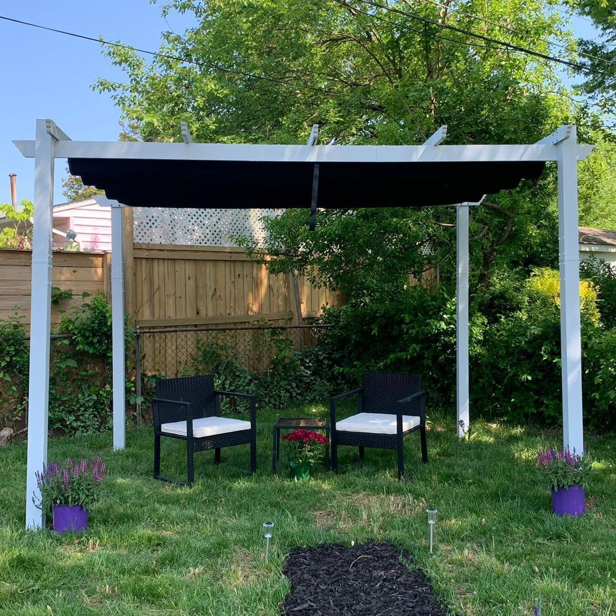 PURPLE LEAF Outdoor Retractable Pergola with Sun Shade Canopy Cover White Patio Metal Shelter for Garden With Curtains