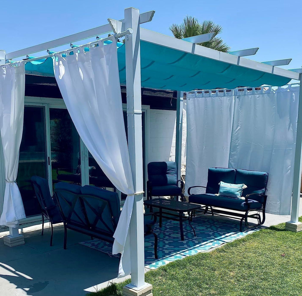 PURPLE LEAF Outdoor Retractable Pergola with Sun Shade Canopy Cover White Patio Metal Shelter for Garden With Curtains