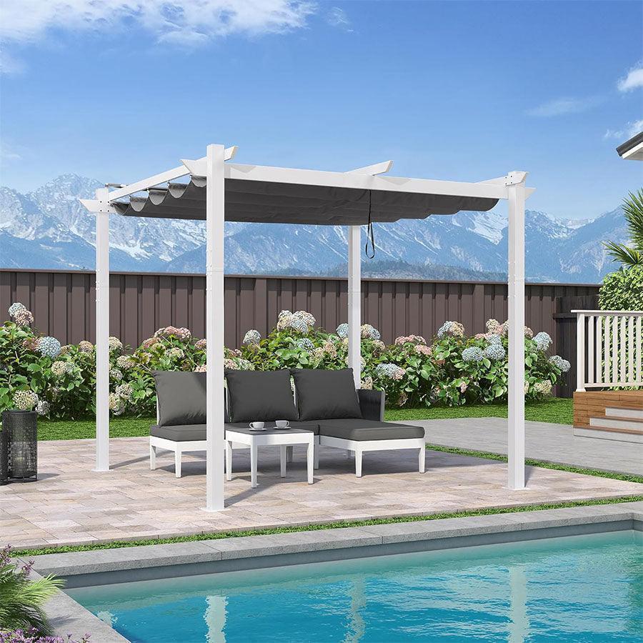 PURPLE LEAF Outdoor Retractable Pergola with Sun Shade Canopy Cover White Patio Metal Shelter for Garden With Curtains