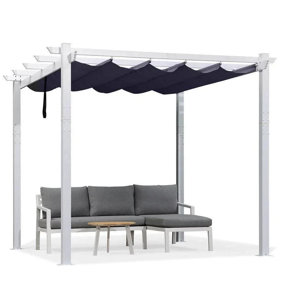 PURPLE LEAF Outdoor Retractable Pergola with Sun Shade Canopy Cover White Patio Metal Shelter for Garden With Curtains